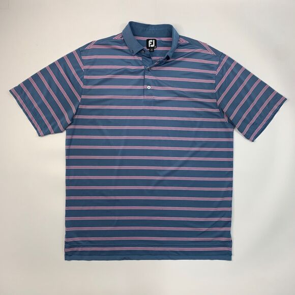 FJ FootJoy Shirt Mens L Large Blue Pink Striped Short Sleeve Golf Golfing Polo - Picture 2 of 16